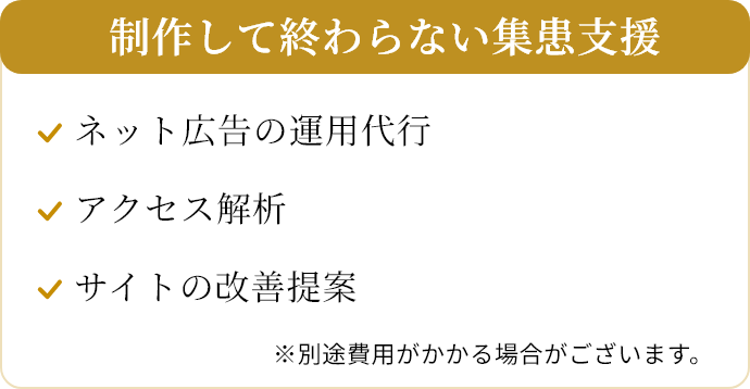 制作して終わらない集患支援/ネット広告の運用代行/アクセス解析/サイトの改善提案/※別途費用がかかる場合がございます。