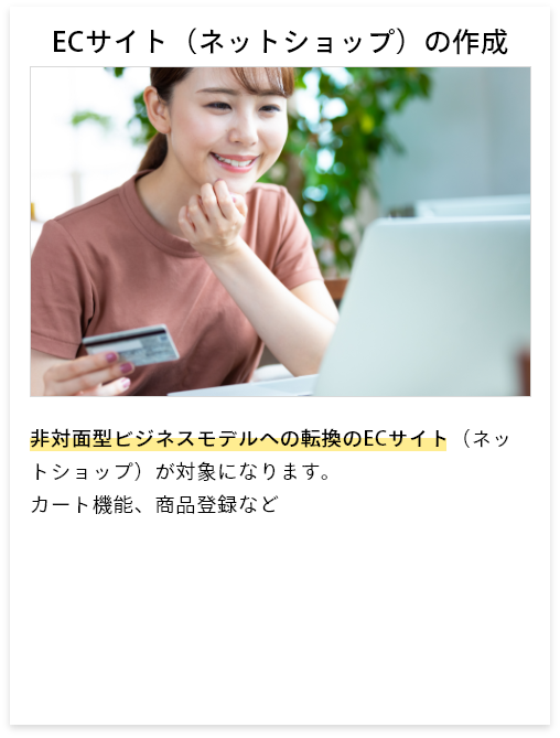 ECサイト（ネットショップ）の作成　非対面型ビジネスモデルへの転換のECサイト（ネットショップ）が対象になります。カート機能、商品登録など
