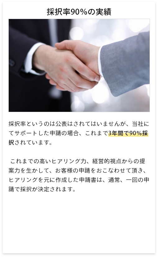 採択率90％の実績　採択率というのは公表はされてはいませんが、当社にてサポートした申請の場合、これまで3年間で90％採択されています。 これまでの高いヒアリング力、経営的視点からの提案力を生かして、お客様の申請をおこなわせて頂き、ヒアリングを元に作成した申請書は、通常、一回の申請で採択が決定されます。