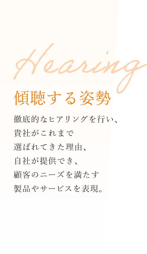 傾聴する姿勢 徹底的なヒアリングを行い、貴社がこれまで選ばれてきた理由、自社が提供でき、顧客のニーズを満たす製品やサービスを表現。